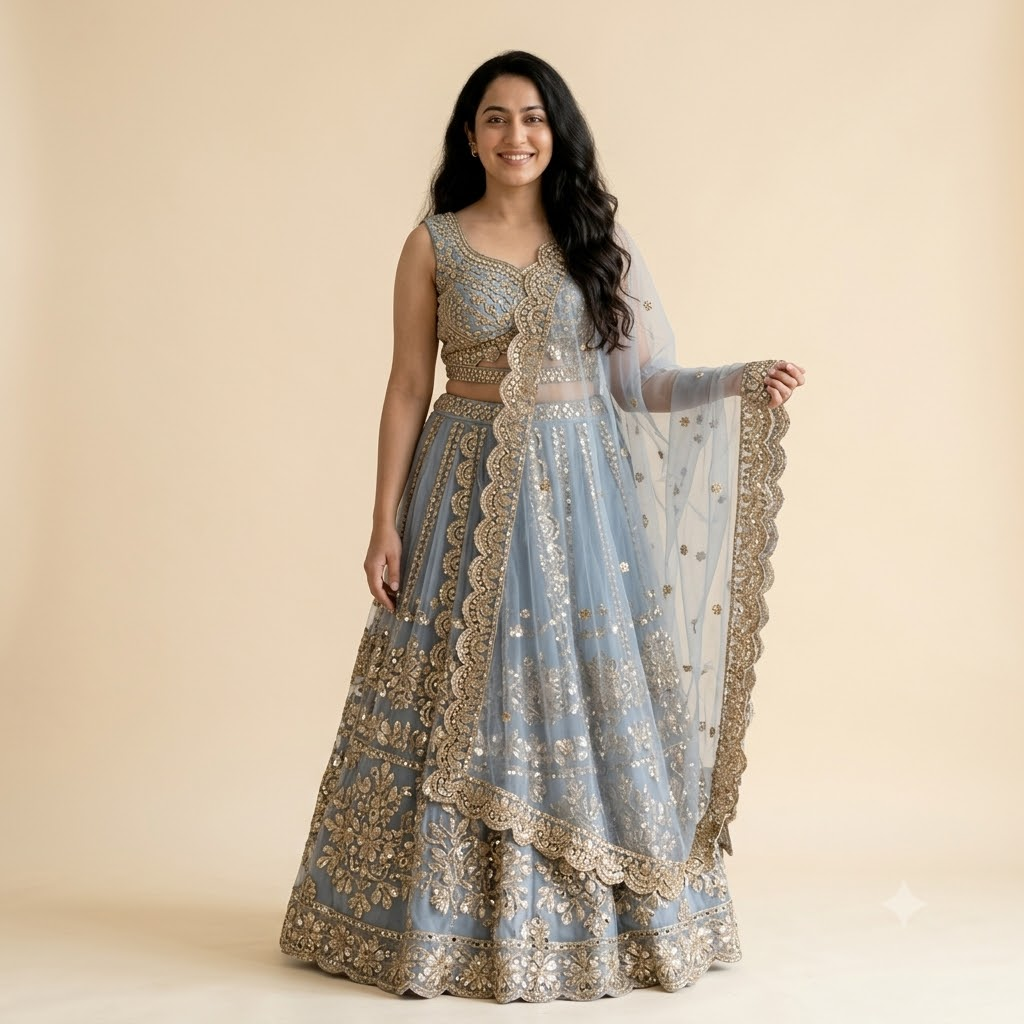 Simran in a sky-blue net lehenga with silver zari โ Diwali dressed to compete with the rangoli