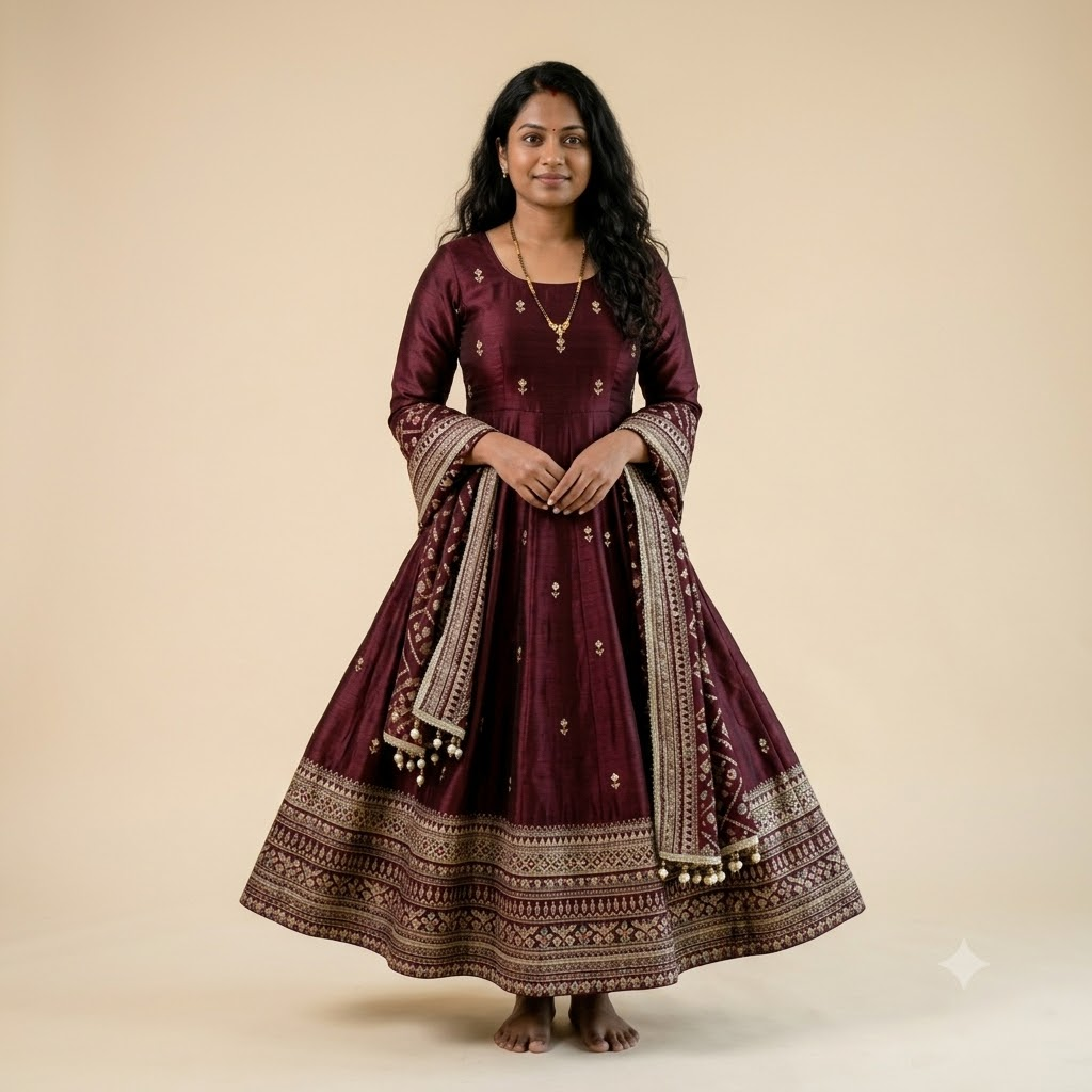 Priya in a wine-embroidered anarkali โ the first Karwa Chauth she chose herself