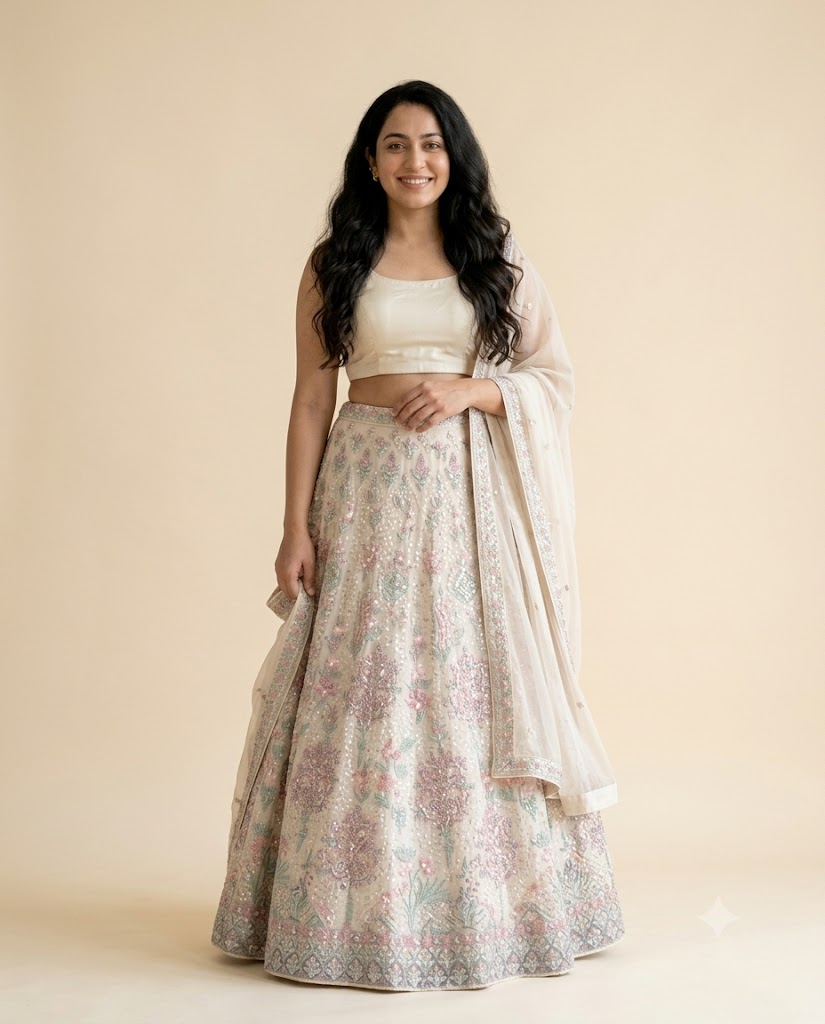 Simran in a cream floral lehenga โ wedding-guest ready, not competing with the bride