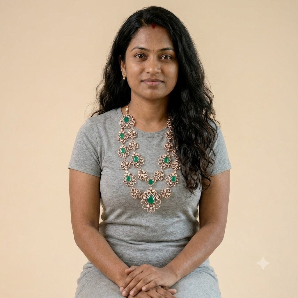 Priya wearing a layered silver Yaavini necklace from Paksha
